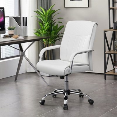 Yaheetech White High-back PU Leather Office Chair with Chrome-Plated Metal Base and Padded Armrests