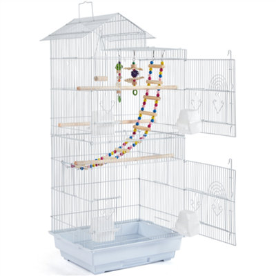 Image showcasing Yaheetech White Large Roof Top Metal Bird Cage w/ Swing and Ladder