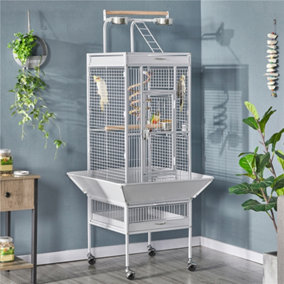 Yaheetech White Metal Bird Cage with Playtop and Casters