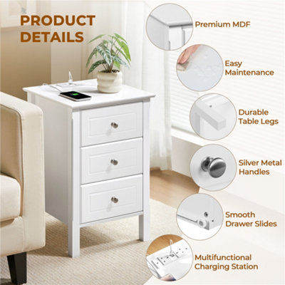 Yaheetech White Modern 3 Drawer End Table with Charging Station