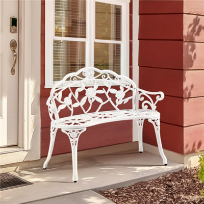 Yaheetech White Outdoor Metal Bench Rose Accented for Patio