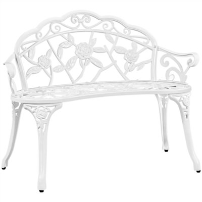 Yaheetech White Outdoor Metal Bench Rose Accented for Patio