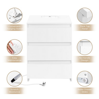 Yaheetech White Simple 3-Drawer Vertical End Table with Charging Station