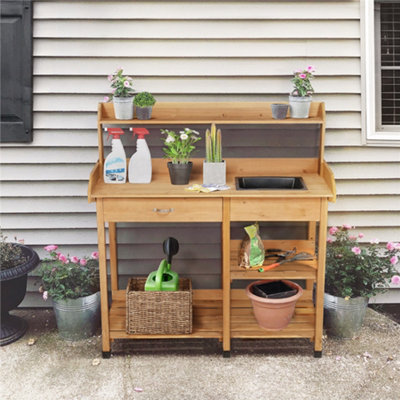 YITAHOME Outdoor Garden Workstation Table With Drawer, Potting Bench Table W/Exposed Rack, Hanger, PVC Water-Resistant Mat, Natural