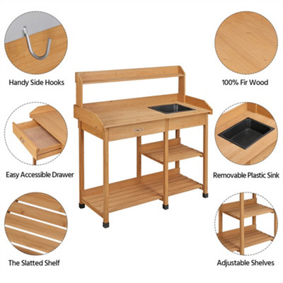Yaheetech Wood Outdoor Potting Bench Table with Sink Drawer Rack Shelves - 5