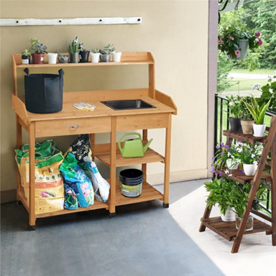 Yaheetech Wood Outdoor Potting Bench Table with Sink Drawer Rack Shelves - 7
