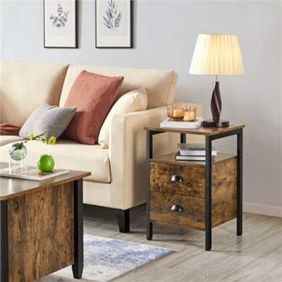 Yaheetech Wooden End Table with 2 Drawers Metal Frame Brown