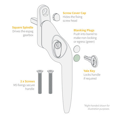Yale Quartus Cranked Window Handle - White, Right, 20mm