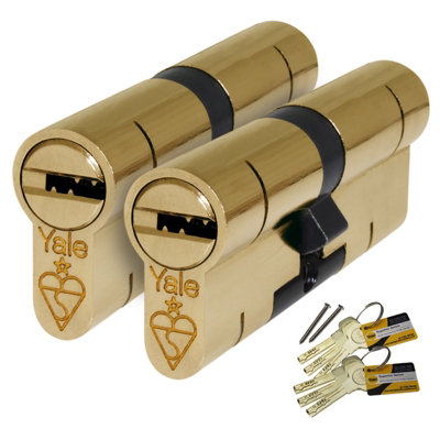 Yale Superior Anti-Snap Keyed-Alike Euro Cylinder Pair - 45/50 (95mm), Polished Brass (with 8 keys)