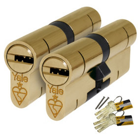 Yale Superior Anti-Snap Keyed-Alike Euro Cylinder Pair - 50/50 (100mm), Polished Brass (with 7 keys)