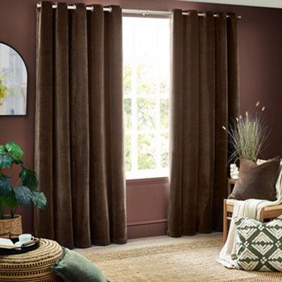 Yard Heavy Chenille Velvet Eyelet Curtains, Brown