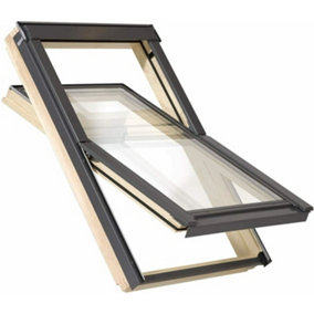 YARDLITE Roof Window Grey / Pine Wood Centre Pivot Loft Skylight Vented - C2A - 55cm x 78cm, TFX Tile Flashing