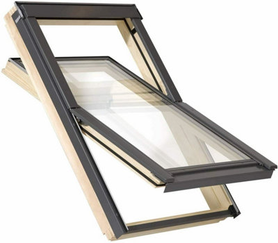 YARDLITE Roof Window Grey / Pine Wood Centre Pivot Loft Skylight Vented - C2A - 55cm x 78cm, UFX Universal Flashing