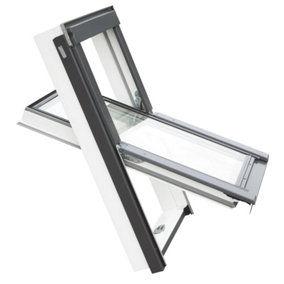 YARDLITE Roof Window Grey / White UPVC Pivot Loft Skylight Unvented + Flashing  - C2A - 55cm x 78cm, LSX Slate Flashing