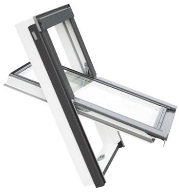 YARDLITE Roof Window Grey / White UPVC Pivot Loft Skylight Unvented + Flashing  - C2A - 55cm x 78cm, UFX Universal Flashing