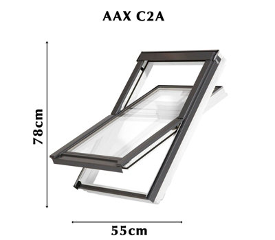 YARDLITE Roof Window Grey / White Wood Centre Pivot Loft Skylight + Flashing - C2A - 55cm (W) x 78cm (H), TFX Tile Flashing