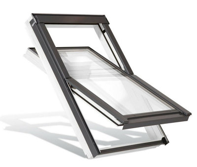 YARDLITE Roof Window Grey / White Wood Centre Pivot Loft Skylight + Flashing - C4A - 55cm (W) X 98cm (H), UFX Universal Flashing