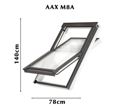 YARDLITE Roof Window Grey / White Wood Centre Pivot Loft Skylight + Flashing - M8A - 78cm (W) x 140cm (H), TFX Tile Flashing