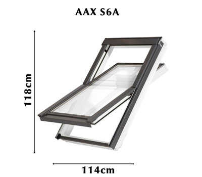 YARDLITE Roof Window Grey / White Wood Centre Pivot Loft Skylight + Flashing - S6A - 114cm (W) x 118cm (H), LSX Slate Flashing