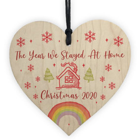 Year We Stayed At Home Christmas Tree Bauble Wood Heart Lockdown Family Gift