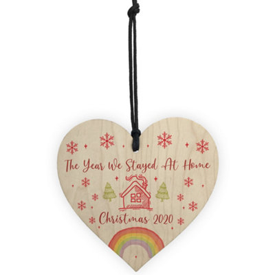 Year We Stayed At Home Christmas Tree Bauble Wood Heart Lockdown Family Gift - 5