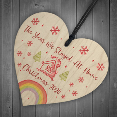 Year We Stayed At Home Christmas Tree Bauble Wood Heart Lockdown Family Gift - 6