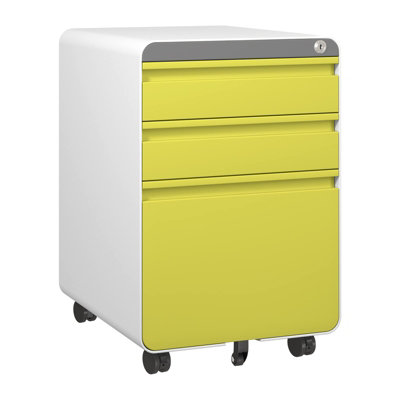 Yellow 3-Drawer Mobile File Cabinet for A4 File Lockable with Hanging File Frame and Anti-tilt Rolling Design