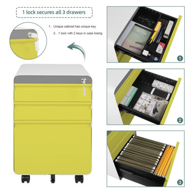 Yellow 3-Drawer Mobile File Cabinet for A4 File Lockable with Hanging File Frame and Anti-tilt Rolling Design - 3