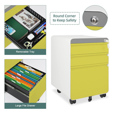 Yellow 3-Drawer Mobile File Cabinet for A4 File Lockable with Hanging File Frame and Anti-tilt Rolling Design - 4
