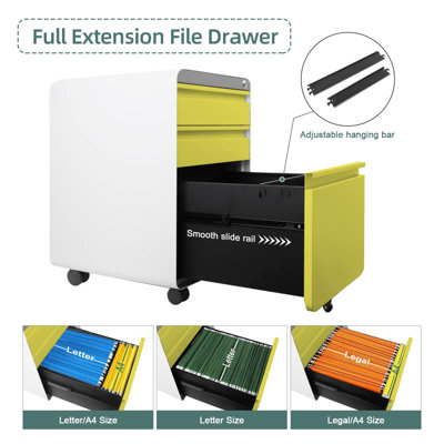 Yellow 3-Drawer Mobile File Cabinet for A4 File Lockable with Hanging File Frame and Anti-tilt Rolling Design - 5
