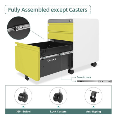 Yellow 3-Drawer Mobile File Cabinet for A4 File Lockable with Hanging File Frame and Anti-tilt Rolling Design - 6