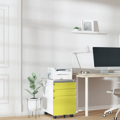 Yellow 3-Drawer Mobile File Cabinet for A4 File Lockable with Hanging File Frame and Anti-tilt Rolling Design - 8