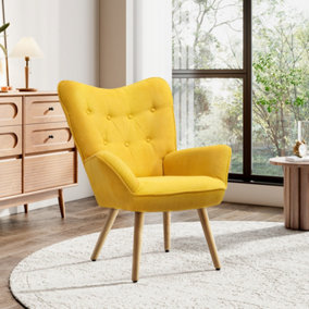 Yellow Accent Chair Modern Upholstered Armchair with Wood Legs Tufted Button Wingback Sofa Chairs for Living Room Bedroom