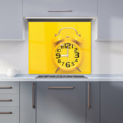 Yellow Alarm Clock Premium Glass Kitchen Splashback W600mm x H650mm