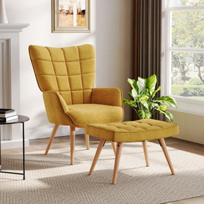 Yellow Armchair with Footstool and Wooden Legs