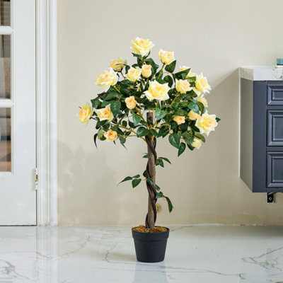 Yellow Artificial Plant Realistic Rose Flower Tree Fake Plant House Plant in Black Pot H 90 cm
