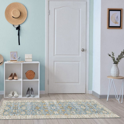 Yellow Bordered Floral Rug For Bedroom, & Living Room, 7mm Thick Stain-Resistant Traditional Rug - 60cm X 180cm