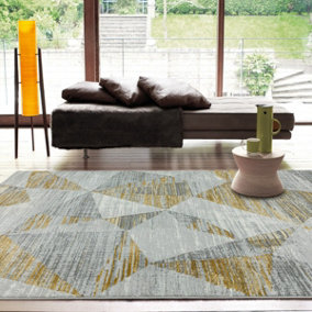 Yellow Chequered Geometric Modern Easy to clean Rug for Bed Room Living Room and Dining Room-80cm X 150cm