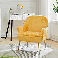 Yellow Comfortable Velvet Upholstered Armchair with Gold Legs
