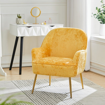 Yellow Comfortable Velvet Upholstered Armchair with Gold Legs DIY at B&Q