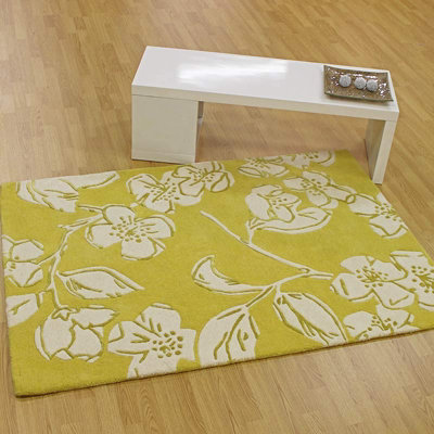Yellow Easy to Clean Floral Handmade Modern Wool Rug for Living Room ...