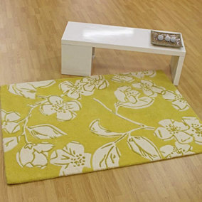 Yellow Easy to Clean Floral Handmade Modern Wool Rug for Living Room, Bedroom - 120cm X 170cm