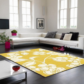 Yellow Easy to Clean Floral Handmade Modern Wool Rug for Living Room, Bedroom - 120cm X 170cm