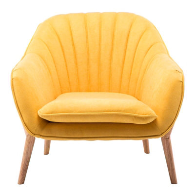Yellow Faux Wool Upholstered Scallop Back Armchair with Wooden Legs