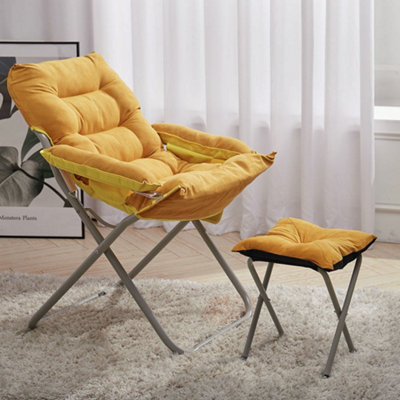 Yellow Folding Comfy Suede Moon Chair with Footstool