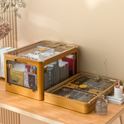 Yellow Folding Stackable Wardrobe Storage Bin Double Door Collapsible Storage Box Cupboard Tabletop Organizer 94L