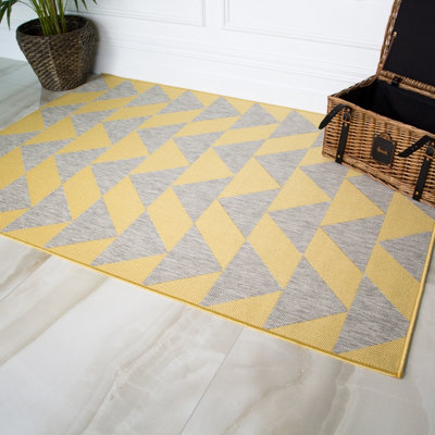 Yellow Grey Geometric Flatweave Indoor Outdoor Rug 120x170cm