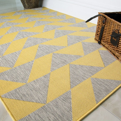 Yellow Grey Geometric Flatweave Indoor Outdoor Rug 120x170cm