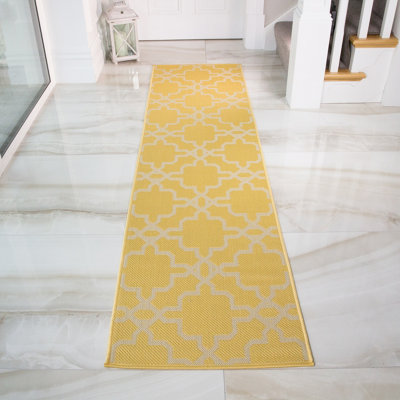 Yellow Grey Geometric Trellis Flatweave Indoor Outdoor Runner Rug 60x240cm