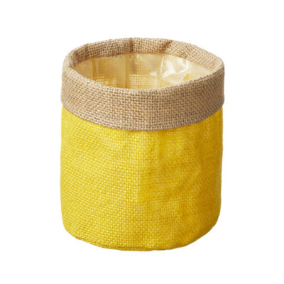 Yellow Hessian Lined Plant Pot Cover. H15 x W15 cm